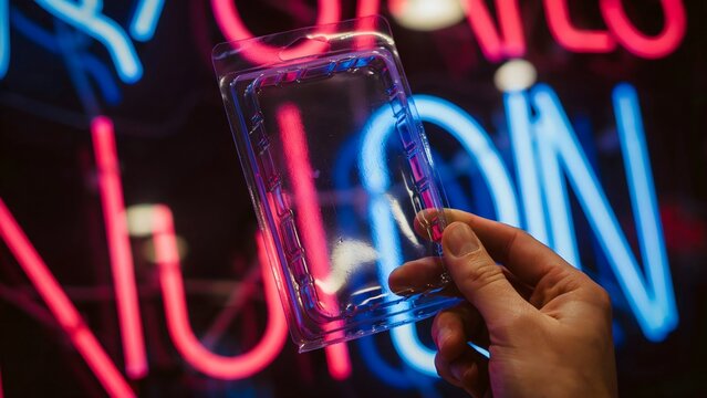 Hand Holding Clear Plastic Container in Front of Neon Light Sign Display