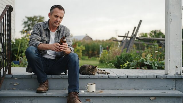 Man sitting on porch steps with cat, looking at a bottle, in garden setting
