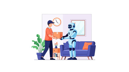 Fototapeta premium Courier Man Delivering Parcel to Robot in Modern Home, Future Logistics and AI Automation Vector Illustration