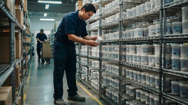 Warehouse Worker Inspecting Product Storage Shelves in Industrial Distribution Center