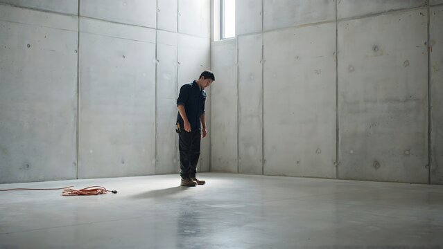 Man Standing Alone in Empty Concrete Room with Natural Light from Window
