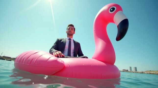 Businessman in a suit floating on a giant pink flamingo pool float in the ocean.