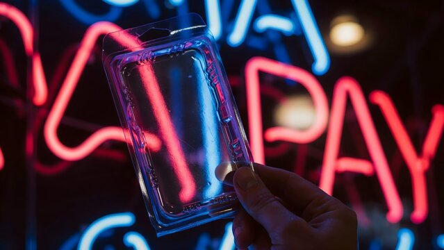 Hand holding a clear plastic card in front of a colorful neon sign with the word "PLAY" illuminated