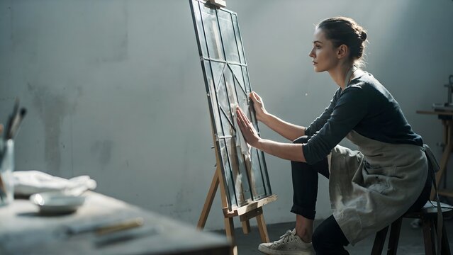 Woman Painting on Canvas in Bright Indoor Art Studio with Sunlight