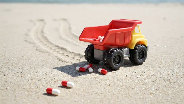 Small colorful toy dump truck on sandy beach with scattered capsules and tire tracks