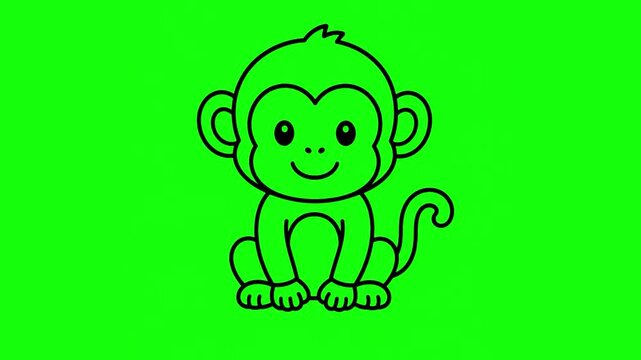 A simple, black-outline vector illustration of a cute, smiling cartoon monkey sitting against a bright green screen background, optimized for chroma-key extraction.