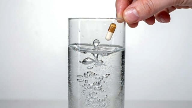 Hand Dropping Pharmaceutical Capsule into Clear Water in Glass for Medicine Concept