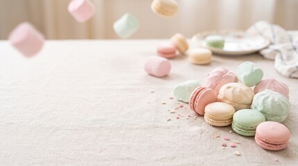 パステルカラーのマカロンとマシュマロが舞う夢かわスイーツ背景（コピースペースあり）