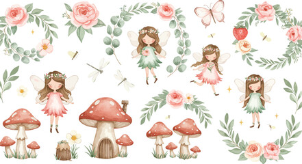 Fototapeta premium A collection of watercolor illustrations featuring cute forest fairies surrounded by floral wreaths and magical mushrooms on a clean white background design