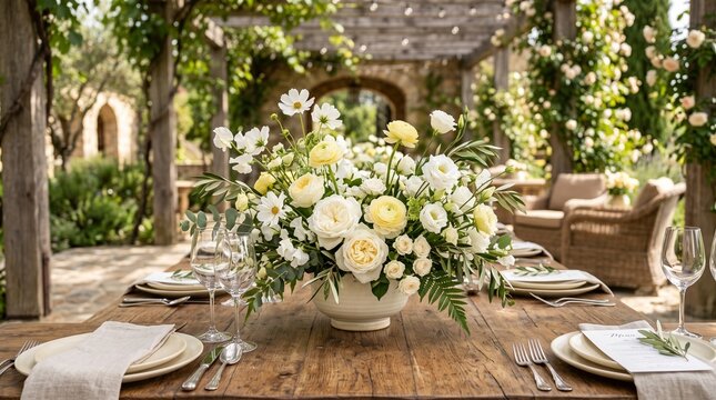 Elegant floral centerpiece on wooden table in outdoor garden setting