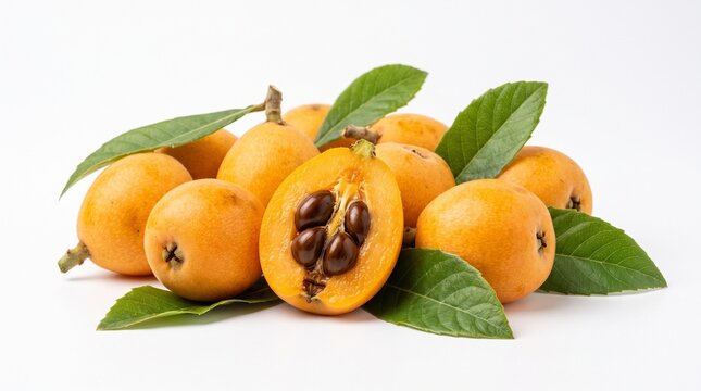 Fresh loquat fruit cluster with leaves isolated on white background