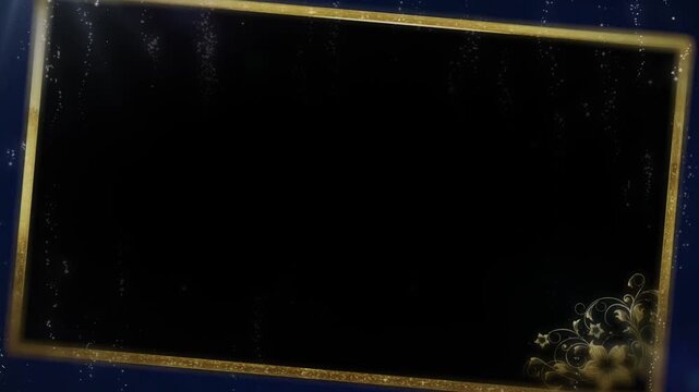 Frame with a golden border and intricate floral corner ornaments sits centered on a dark blue textured background.