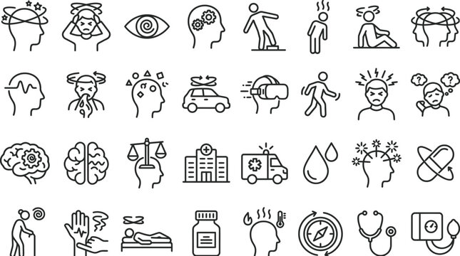 A collection of medical and health related line art icons depicting vertigo and dizziness symptoms.
