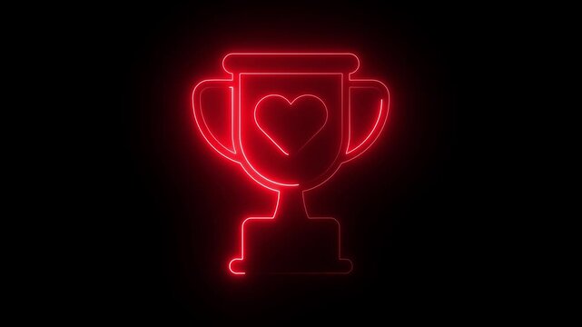 Glowing red neon trophy with heart symbol for valentine&rsquo;s day and romantic achievement concepts love