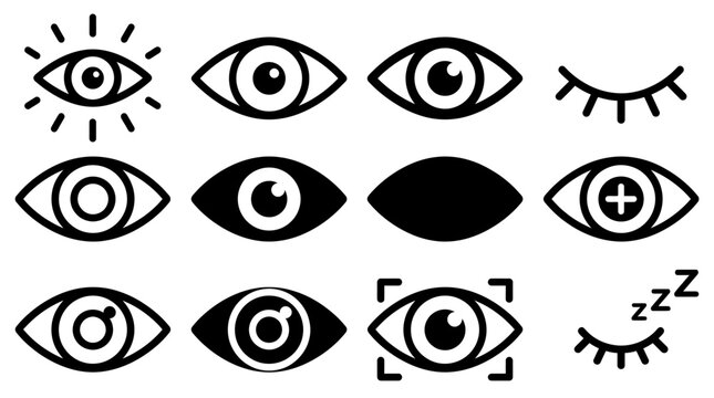 A collection of twelve distinct black and white eye icons representing various states and functions.