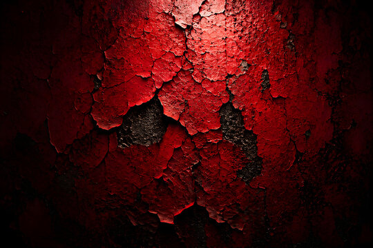 Vibrant red peeling paint on rough surface texture