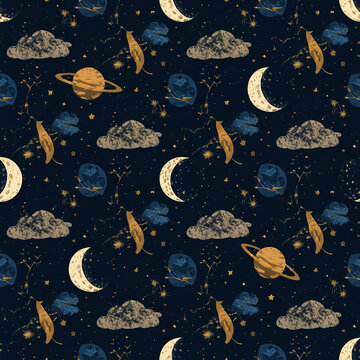 Vintage celestial seamless pattern with crescent moon golden cat clouds and planets on dark background