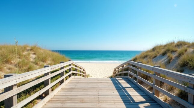 Wooden boardwalk leading to a beautiful sunny beach.