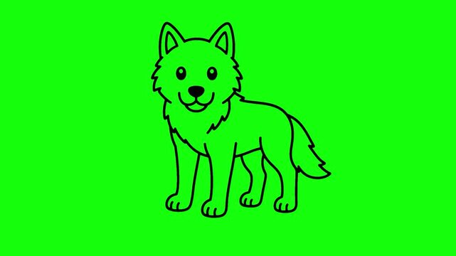 A simple black-and-white cartoon husky line-art illustration set against a vibrant chroma-key green screen, designed for video editing, keying, and motion graphics.