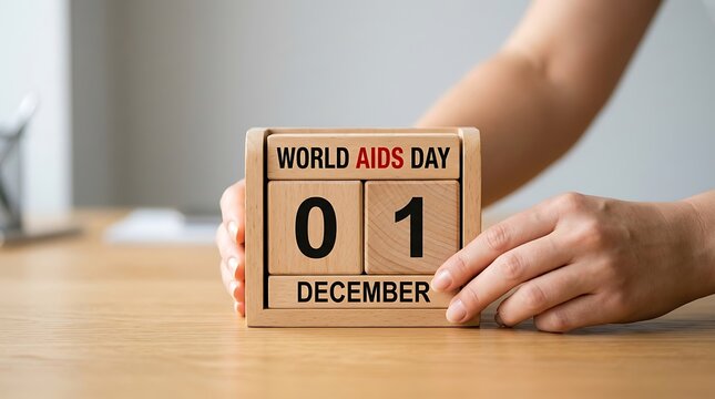 Hands holding a wooden calendar block showing the date of december first for world aids day awareness
