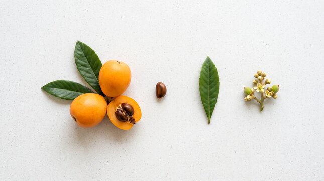 Loquat fruit still life with seed and leaves on white surface, composition