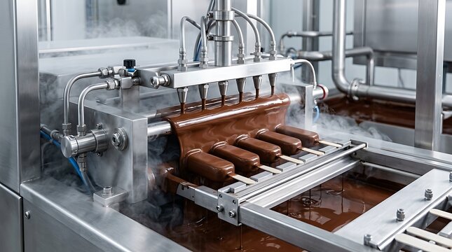 Ice cream bars being coated in melted chocolate on a production line