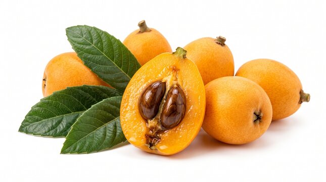 Group of fresh loquat fruits with green leaves isolated background