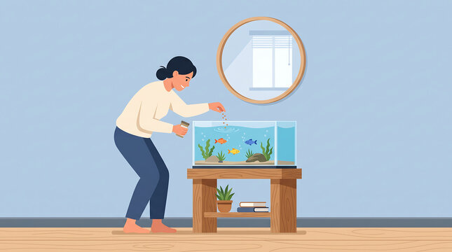 Person sprinkling food into a home aquarium with small fish swimming