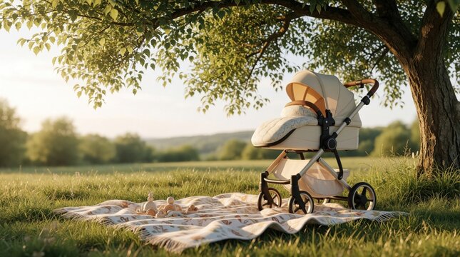 Empty baby stroller stands on soft blanket under big tree in green park. Infant pushchair sits on grassy meadow during warm sunny day. Modern pram provides comfort for newborn child outdoors near