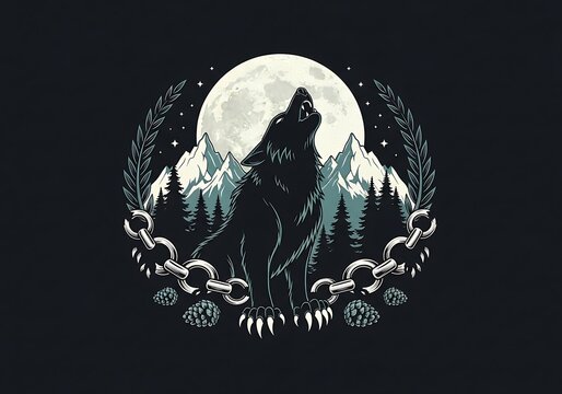 Howling Wolf Illustration with Full Moon and Mountain Forest Landscape Crest Design