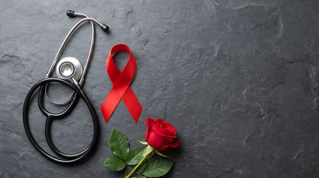 Stethoscope red ribbon and rose flower on dark background for world aids day awareness campaign