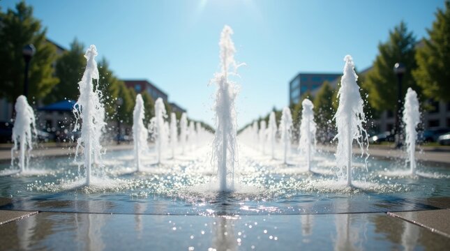A grand public water fountain with multiple jets in a sunny city plaza.