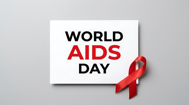 A white card with world aids day text and a red awareness ribbon on a grey background