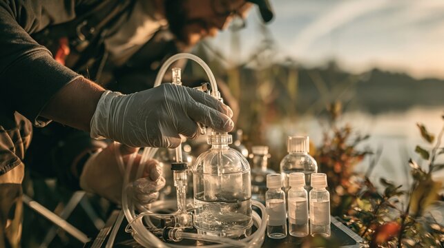 Ecologist Filtering Lake Water for Environmental DNA