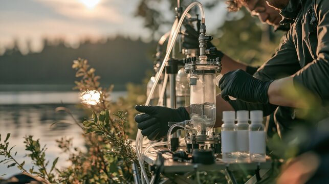 Ecologist Filtering Lake Water for Environmental DNA