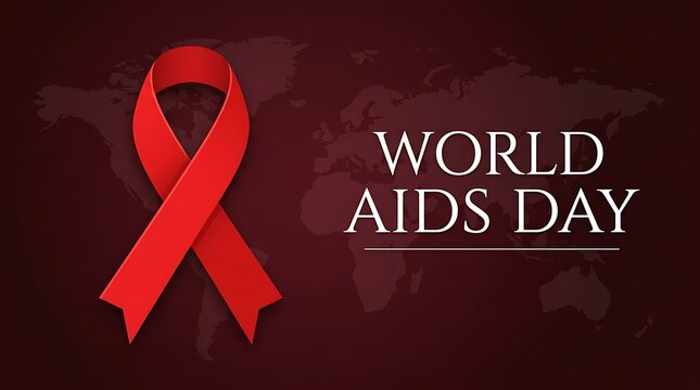 World aids day background with a red awareness ribbon on a dark red map of the world