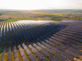 Fototapeta premium Solar panels cover a large area in a rural setting during the late afternoon with sun shining on fields in the distance