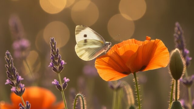 White butterfly perched on bright orange poppy flower in lavender field at sunset