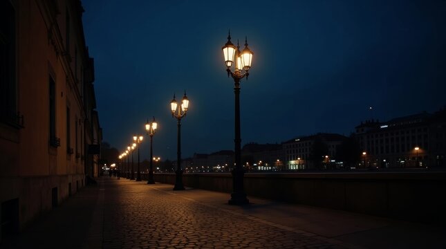 Old town street at night with glowing vintage street lamps.