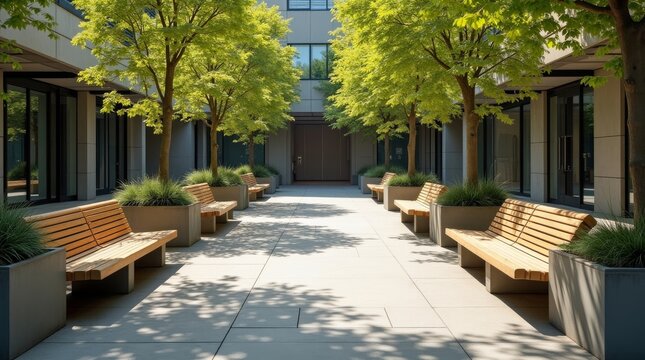 Modern urban courtyard with wooden benches and green trees.
