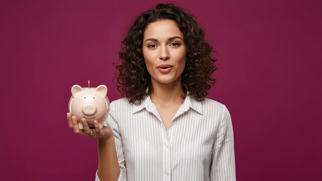 A smiling young woman holding a pink piggy bank against a maroon background