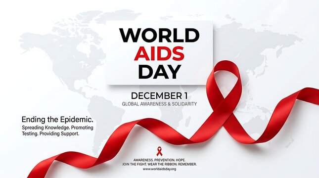 World aids day background with a red awareness ribbon and a world map on a white surface