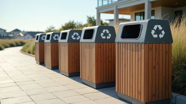 Row of modern wooden recycling bins in a public park area.