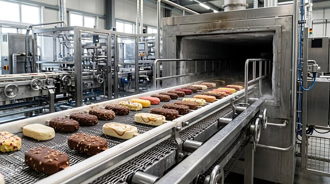 Ice cream bars moving on automated factory conveyor belt