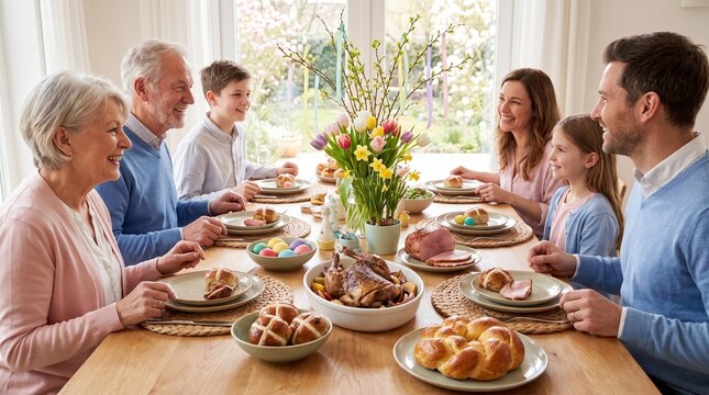 Multi-generational family enjoying a festive Easter meal together at a sunlit dining table.