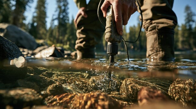 Technician Measuring Lake Water With a Portable Probe