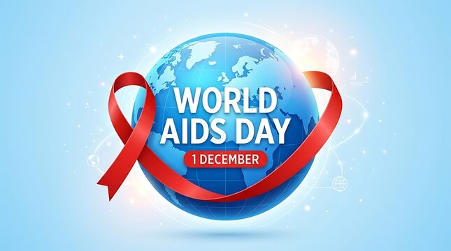 World aids day concept with a red awareness ribbon wrapped around a blue globe on light background