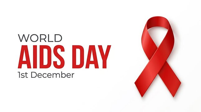 World aids day awareness banner with a realistic red ribbon symbol isolated on a white background