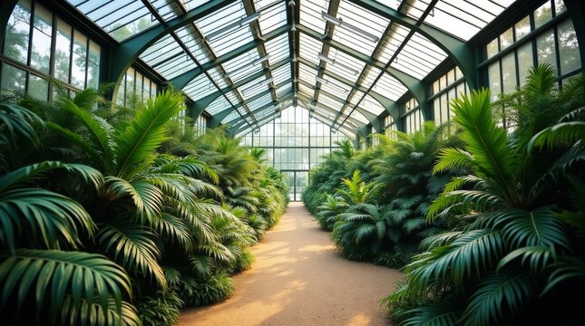 A serene pathway through a lush Victorian greenhouse with palm trees.