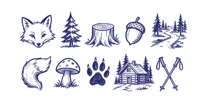 forest woodland nature element collection doodle icon set vector illustration